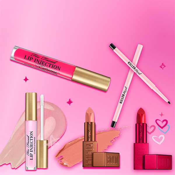 makeup products and pink hearts