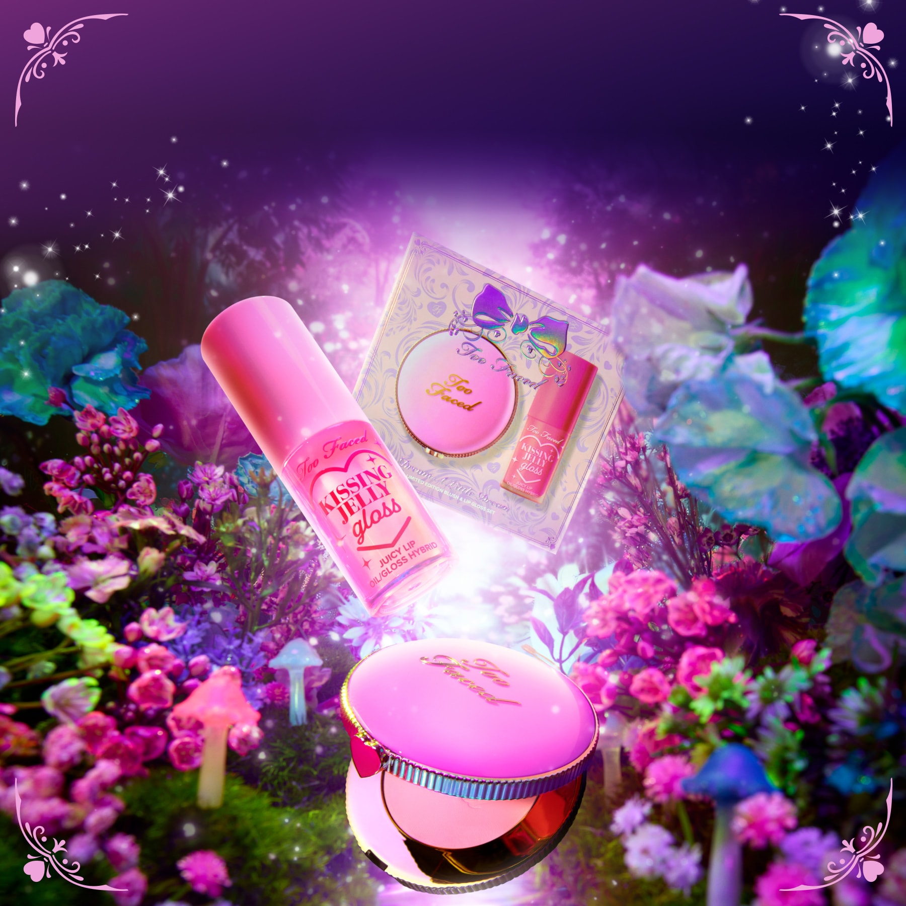 makeup products and pink hearts