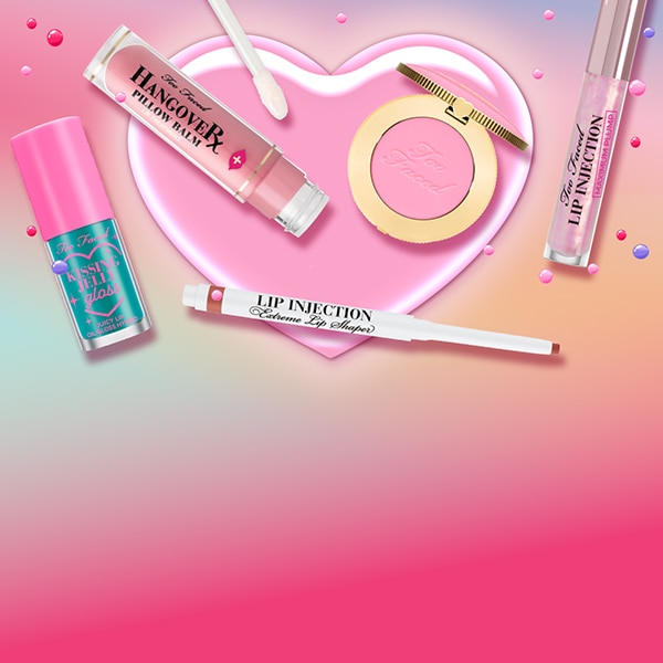 makeup products and pink hearts